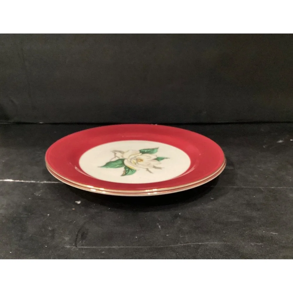 Vintage Homer Laughlin Lifetime China Burgundy 2 Magnolia Dinner Plates 10 1/4